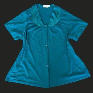 Vintage Vassarette Blue Button Up Blouse with Lace Trim Size S